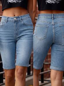 European And American Fashion Tight Bodycon Niche Design Minimalist Washed Denim CuffedBermuda Shorts For Women Casual - Light Wash - View 3