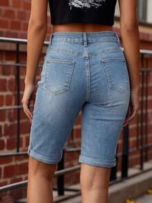 European And American Fashion Tight Bodycon Niche Design Minimalist Washed Denim CuffedBermuda Shorts For Women Casual - Light Wash - View 5