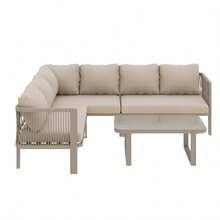 Garden Furniture Set For 6 People, Corner Configuration, Galvanized Steel Tubes, Glass Tabletop, Teslin Rope Weaving, Includes Dining Table, Bench, Chairs And Sofa, Khaki Color. - Khaki - View 9