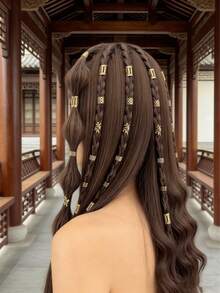 50PCS Vintage Boho Style Alloy Hair Rings Set - Hollow Out Round Hair Accessories For Women And Girls, Elegant Solid Color Hair Jewelry For Braids And DIY Hair Design - 發環套裝G-金色 - 查看 3