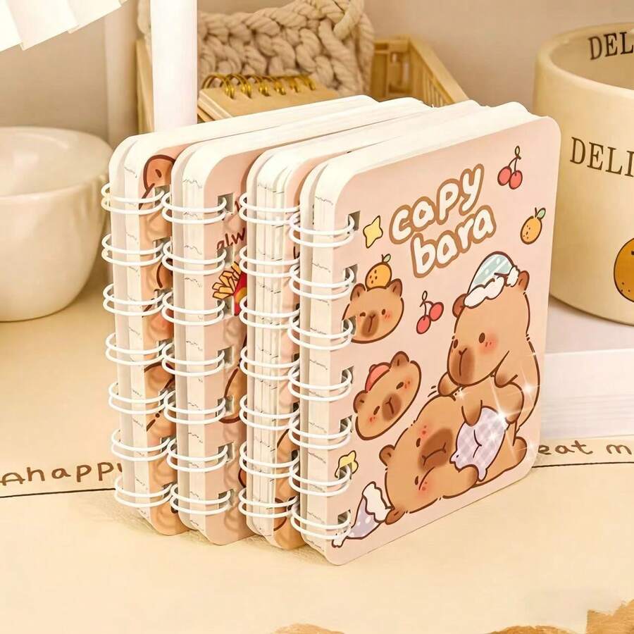 1/4 水豚螺旋笔记本，可爱水豚图案设计，动物主题风格，是学生和办公人士的理想礼物，可用作日记本、学习用品、学校用品（款式随机） - 彩色 - 查看 1