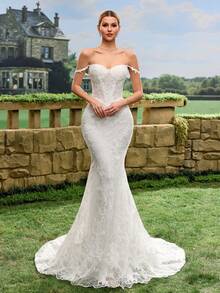 性感优雅仿珍珠亮片薄纱蕾丝美人鱼尾露背婚纱 - 白色 - 查看 11