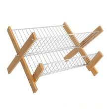 1pc Foldable 2-Tier Bamboo Dish Drying Rack, Natural Wood And Black Metal Wire Plate Holder, Collapsible Kitchen Counter Dish Drainer Rack, Space-Saving Sturdy For Small Kitchen And Apartment - Silver - View 11