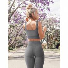 OLCHEE Womens Workout Sets 2 Piece Seamless Square Neck Sports Bra Padded Butt Lifting Leggings High Waist Yoga Gym Outfits - 灰色 - 查看 5