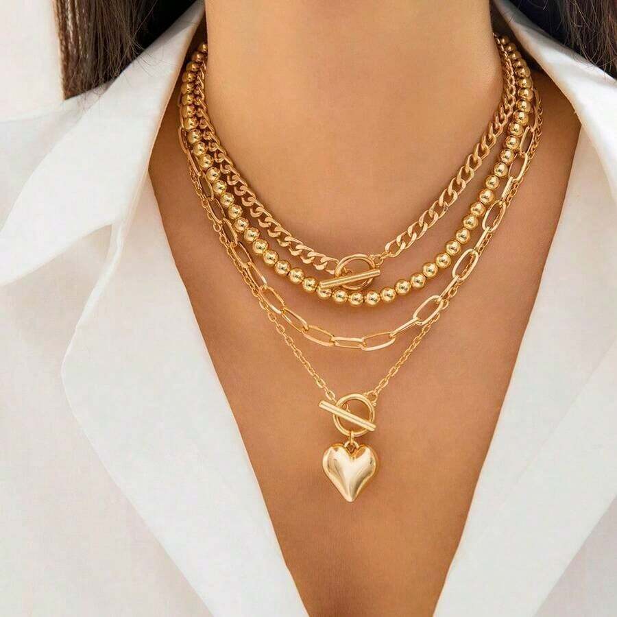 4PC Women's Fashion-Hop Beaded Set Necklace, Versatile Geometric OT Short Love Female Collarbone Chain - Bộ vàng - Xem 1