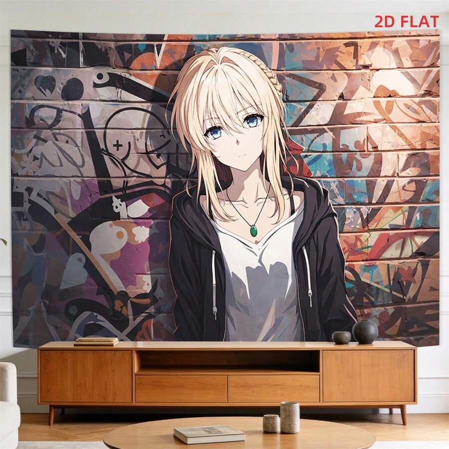 1件大/小号动漫少女挂毯 - 金发绿项链涂鸦海报,横向漫画装饰,适用于客厅、冥想空间、办公室 - 非夜光印刷 - 彩色 - 查看 1