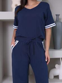 Women's Striped Set - Pants And Top In Lightweight Fleece With White Details - Comfortable Style - Navy Blue - View 6