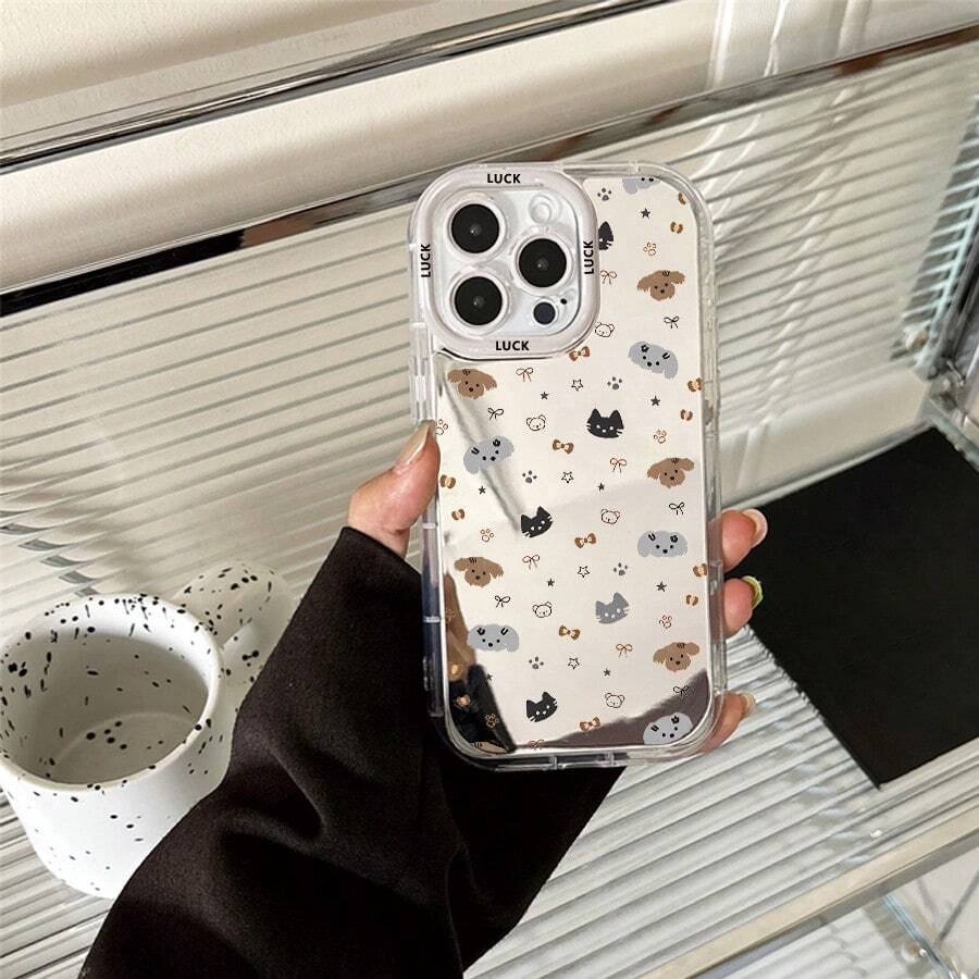 1 Ốp lưng điện thoại hình mèo và chó hoạt hình dễ thương có gương | Ốp bảo vệ trong suốt chống sốc, có gương trang điểm, tương thích với iPhone 17 16 15 14 13 12 11 Pro Max X XR XS 8 7 Plus SE2, ốp lưng mỏng chống sốc - Nhiều màu - Xem 1