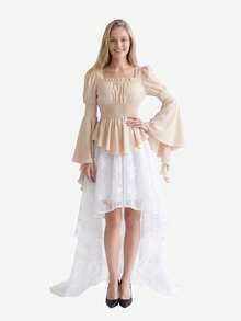 Women's Renaissance And Victorian Gothic-Style Two-Piece Set: Long-Sleeve Square-Neck Blouse And A Pirate-Style Top Paired With A Long, High-Waisted Skirt Featuring An Asymmetrical Hem. - 杏色+白色 - 查看 2