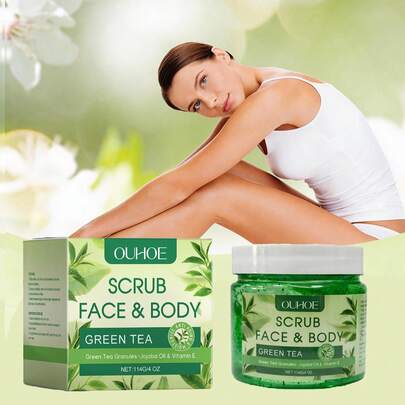 1 lọ 114g Gel tẩy tế bào chết trà xanh, tẩy tế bào chết toàn thân dịu nhẹ và dưỡng ẩm, làm sạch và nuôi dưỡng làn da cho kết cấu mịn màng và mềm mại, phù hợp với mọi loại da.