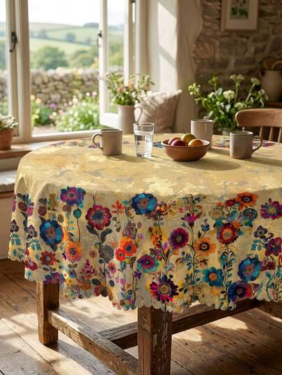 1件装 - 复古曼陀罗波西米亚风格桌布，春季复古曼陀罗花卉图案桌布，长方形涤纶桌布，圆形桌布，厨房用品，复活节，夏季，情人节，派对装饰，以及优雅礼品
