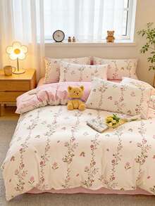 Bộ 4 món/bộ, Bộ đồ giường in hoa tinh tế, Mềm mại & thân thiện với da, Bộ đồ giường ngủ bốn mùa thoáng khí (1 vỏ chăn + 1 ga trải giường + 2 vỏ gối), Không có ruột, Họa tiết vỏ gối ngẫu nhiên - Hồng - Xem 1