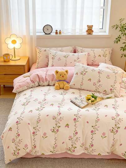4pcs/Set, Delicate Floral Printed Bedding Set, Soft & Skin-Friendly, Breathable All Season Bedroom Set (1 Duvet Cover + 1 Bed Sheet + 2 Pillowcases), No Filler, Random Pillowcase Pattern