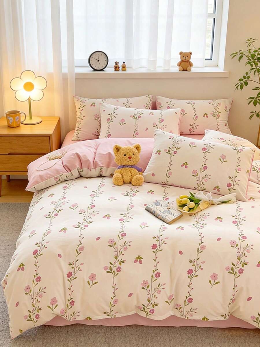 Bộ 4 món/bộ, Bộ đồ giường in hoa tinh tế, Mềm mại & thân thiện với da, Bộ đồ giường ngủ bốn mùa thoáng khí (1 vỏ chăn + 1 ga trải giường + 2 vỏ gối), Không có ruột, Họa tiết vỏ gối ngẫu nhiên - Hồng - Xem 1