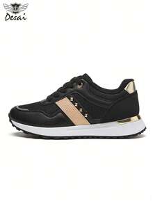 Women's Retro Rivet Platform Sneakers, Desai 1993 Metallic Color Block Mesh Casual Running Shoes - Black - View 7
