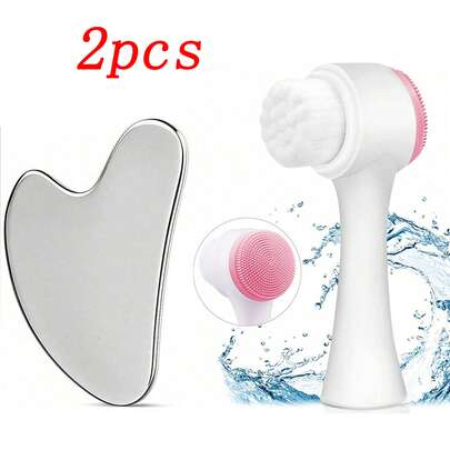 Bộ sản phẩm chăm sóc và massage mặt/toàn thân: Bàn chải làm sạch + Bảng Gua Sha bằng thép không gỉ. Bàn chải làm sạch massage: Lông bàn chải siêu mịn + đầu silicon giúp làm sạch sâu lỗ chân lông, loại bỏ bụi bẩn, dầu thừa và sự xỉn màu trên mặt/toàn thân cho làn da mịn màng; Bảng Gua Sha bằng thép không gỉ thích hợp để tạo hình đường viền hàm, massage mặt/toàn thân và thư giãn cơ bắp, thúc đẩy tuần hoàn máu, giảm đau nhức và mệt mỏi cơ thể. Có thể được sử dụng để tắm, chăm sóc sắc đẹp, tẩy trang và chăm sóc cá nhân. Bao gồm các sản phẩm chăm sóc, dụng cụ làm đẹp và phụ kiện chăm sóc.