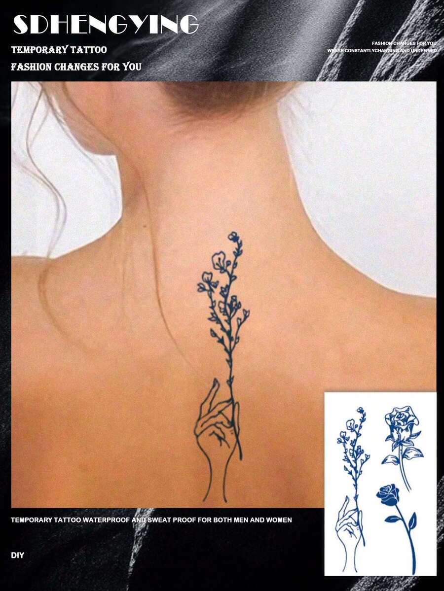 1pc Fashionable Floral Design Temporary Tattoo, Floral Print Pattern Fake Tattoo Sticker, Unisex Body Art Tattoo, Waterproof & Sweatproof, Suitable For Arms, Hands, Abdomen And Feet, Lasts 7-14 Days, Beach Party Accessory DIY Gift - Blue - View 1