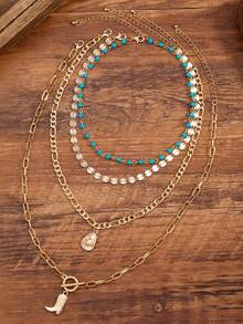 4pcs/Set Vintage Western Cowgirl Style Necklace Set, Gold Handmade Chain With Metal Cap And Boot Charm, Women Green Turquoise Necklace Fashion Jewelry, Suitable For Photo Shooting And Outdoor Travel, Women Western Jewelry - Multicolor - View 5