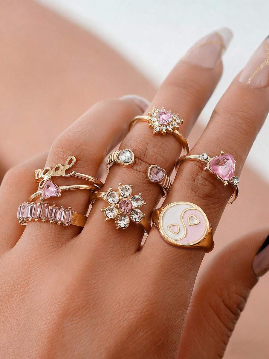 Set de 8 piezas de joyería vintage para mujer con corazones de cristal con puntos, anillos asimétricos para uso diario - Multicolor - Ver 1