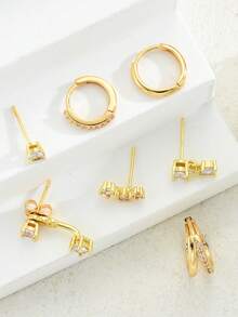 7pcs Fashionable Minimalist Elegant Delicate Retro Design Copper Material CZ Rhinestone Geometric Tassel Pendant Hoop Earrings Set, Suitable For Holiday, Party, Date, Daily Wear, Gift - Yellow Gold - View 3