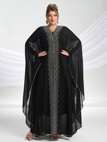YISIKADO Plus Size Women Modest Festival Dress Arabic Style Rhinestone Chiffon V-Neck 2 Pieces Set Prom Party Loose Long Dress - Black - View 4