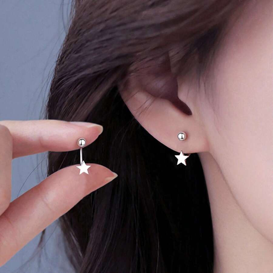 A Pair Of Stainless Steel Small Star C-Shaped Earrings, Front And Back Style - 2個 - 查看 1
