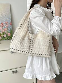 Túi đeo vai thiết kế đinh tán, túi đan rơm mới về, túi đi biển thời trang, túi xách tay dung tích lớn. - Màu be - Xem 3