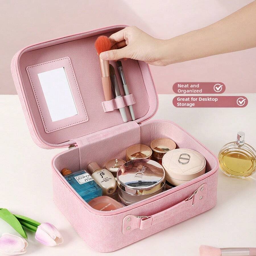 Sequined Denim Makeup Case With Mirror (Pink/Blue/Black/Blush) - Multicolor - View 1