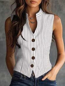 Women's Sleeveless White Striped Button-Up Top, Stand Collar Design, Regular Length, Summer - White - View 1