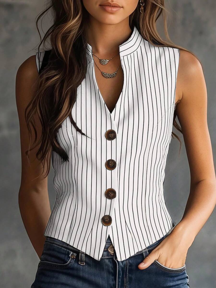 Women's Sleeveless White Striped Button-Up Top, Stand Collar Design, Regular Length, Summer - White - View 1