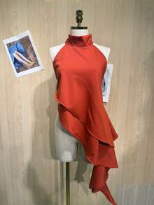 Women's Blouse With Elegant High Neck, Asymmetrical Band, Double Ruffle, And Draped Fit. - Burnt Orange - View 1