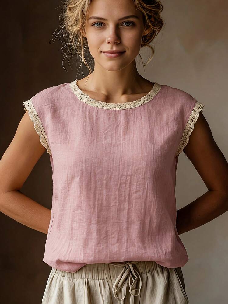 Vintage Style Linen Short Sleeve Top For Women Lace Patchwork Round Neck Loose Slimming Summer Breathable Linen Blend T-Shirt - Hồng - Xem 4