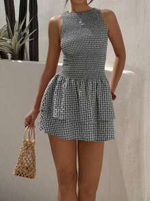 Vestido mini ajustado sin mangas a cuadros azules, estilo francés dulce para vacaciones, primavera/verano - Multicolor 2 - Ver 5