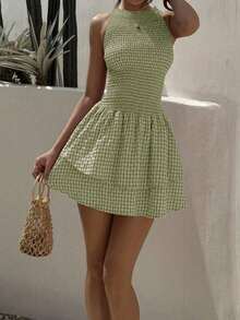 Vestido corto de ajuste ceñido sin mangas con estampado de cuadros azules y cinturón, estilo francés dulce para vacaciones de verano - Multicolor - Ver 4