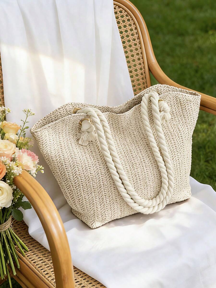 Túi Tote Cói Đi Biển Mùa Hè, Sức Chứa Lớn, Thời Trang, Đa Năng, Túi Đeo Vai Thường Ngày - Màu be - Xem 1