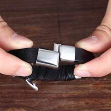 Men's Leather Bracelet With Stainless Steel Metal Detail - Bracelet - Silver Or Gold - Men's - màu đen - Xem 2