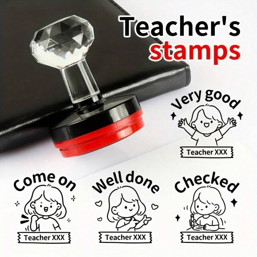 Custom Teacher Name Stamp With Inspiring Phrase, Transparent Gem Design, Suitable For Grading Assignments And Classroom Management, Great For School And Office Use - Multicolor - View 1