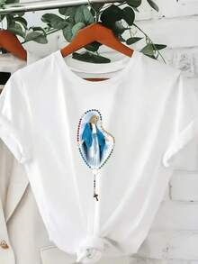 Camiseta gráfica elegante para mujer, camiseta con estampado artístico de rosario religioso, cómoda camiseta informal de manga corta con cuello redondo, camiseta de mezcla de algodón para mujer de moda, diseño de inspiración espiritual, regalo ideal para ella. - Blanco - Ver 1
