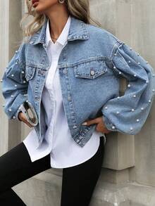 HAPPY GIRL Spring/Summer Versatile Fashion Denim Jacket With Pearl Lantern Sleeves, College Style For Holiday, Vacation, Daily Wear And Travel, Women's - Light Wash - View 4