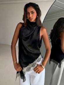 Women's Spring/Summer New Elegant Casual Lace Patchwork Sleeveless Top - Ruffle Collar, Lace Hem Patchwork, Single Side Slit, Textured Fabric, Loose Fit - Black - View 3