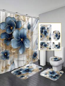 1/3/4-Piece Blue & Gold Floral Bathroom Shower Curtain Set, Including 12 Free Plastic Hooks, As Well As Matching Shower Curtain, Toilet Seat Cover, Bath Mat And Floor Rug. Machine Washable, Ideal For Room Decoration And Summer Styling. - Multicolor - View 2
