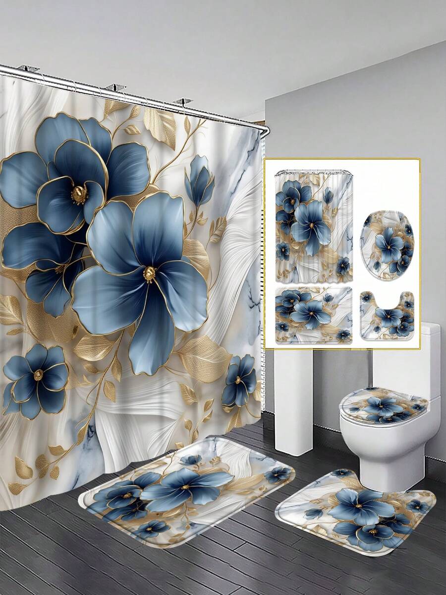 1/3/4-Piece Blue & Gold Floral Bathroom Shower Curtain Set, Including 12 Free Plastic Hooks, As Well As Matching Shower Curtain, Toilet Seat Cover, Bath Mat And Floor Rug. Machine Washable, Ideal For Room Decoration And Summer Styling.