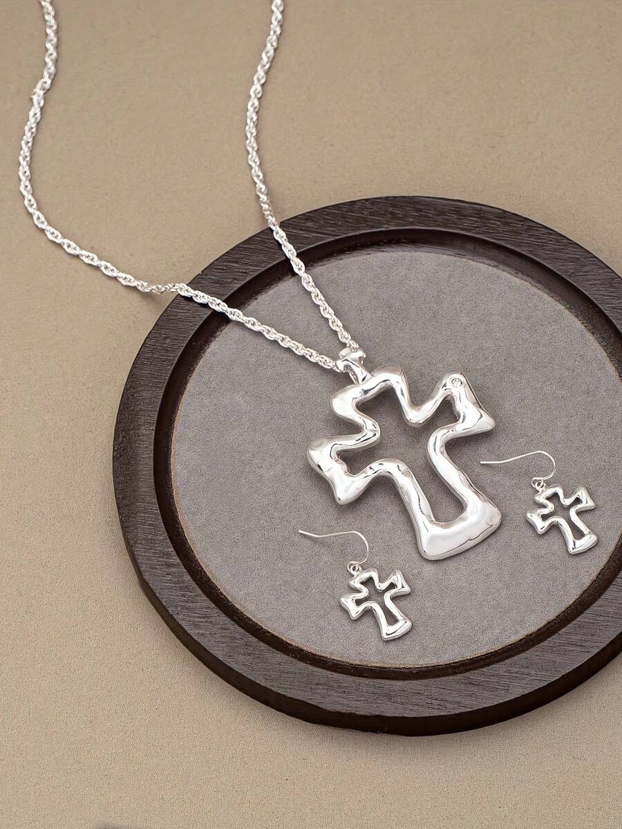 1 Set de joyería con colgante de diseño de cruz hueca minimalista, adecuado para uso diario y como regalo - Conjunto de cruz ahuecada - Ver 1