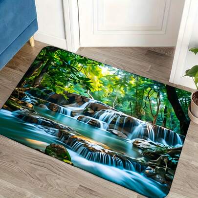 1Pc Nature Waterfall Forest Landscape Door Mat Non Slip Flannel Floor Rug Scenic River Print Soft Absorbent Entryway Carpet Decorative Home Decor Indoor Outdoor Use Bathroom Bedroom Rug Relaxing Style Home Essentials