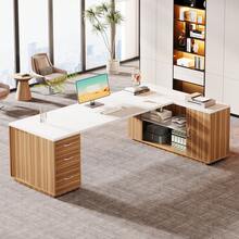 LITTLE TREE 85.8" L Shaped Executive Office Desk, Large Corner Computer Desk With File Drawers Storage Cabinet, Adjustable Shelves CPU Compartment Home Office Workstation, Easy Assembly Business Furniture, White&Walnut - White & Walnut - View 11