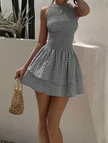 Vestido mini ajustado sin mangas a cuadros azules, estilo francés dulce para vacaciones, primavera/verano - Multicolor 2 - Ver 7