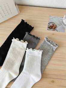 1 par de calcetines suaves y esponjosos acanalados, hechos de algodón peinado, ligeros y transpirables, adecuados para estudiantes y viajes, calcetines versátiles de media pantorrilla - Multicolor - Ver 8