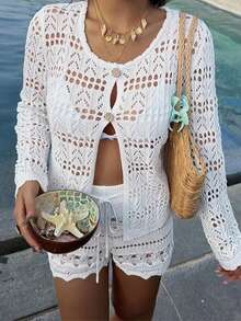 Women's White Ribbed Knit Hollow Button Cardigan And Drawstring Shorts Set, Summer Beach Outfit - White - View 4