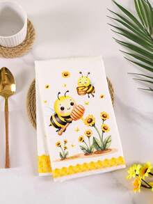 2pcs Bee Pattern Kitchen Towels, Size 40*48cm, Bee, Sunflower And Honey Pattern, Soft And Absorbent Microfiber Hand Towels, Kitchen Decor, Dining Table Decor, Bathroom Decor, Warm Gift For Friends And Family, Spring/Summer Decoration - Yellow - View 6