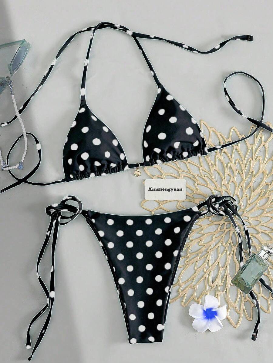 Bộ bikini Xinshengyuan 2026 2 món/set dành cho Tết Dương lịch và Lễ Tình nhân, kiểu dáng gợi cảm, dễ thương, màu xanh ngọc chấm bi, dây buộc cổ tam giác hai bên, chất liệu co giãn vừa phải, phong cách Âu Mỹ, quần bơi nữ kiểu buộc dây bên hông, thích hợp cho kỳ nghỉ biển và hồ bơi, tiệc biển, trang phục đi biển mùa hè, đồ bơi mùa xuân mùa đông. - Nhiều màu - Xem 1